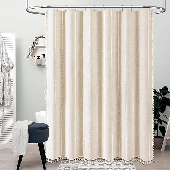 BTTN Extra Long Shower Curtain, 72x96 Long Striped Boho Chic Linen Fabric Heavy Duty Shower Curtain Set with Hooks, Tall Bohemian Farmhouse Luxury Tassel Cloth Shower Curtain for Bathroom, Cream/Beige