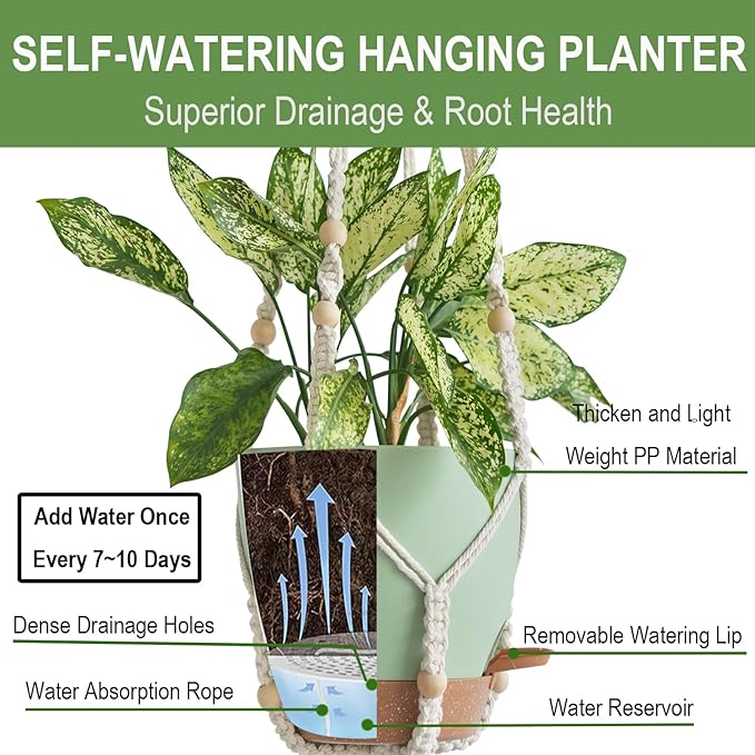 Bouqlife Self Watering Hanging Planters for Indoor Plants 3 Pack Macrame Plant Hangers with Drainage Holes Pots and Hooks for Home Garden Decor Green
