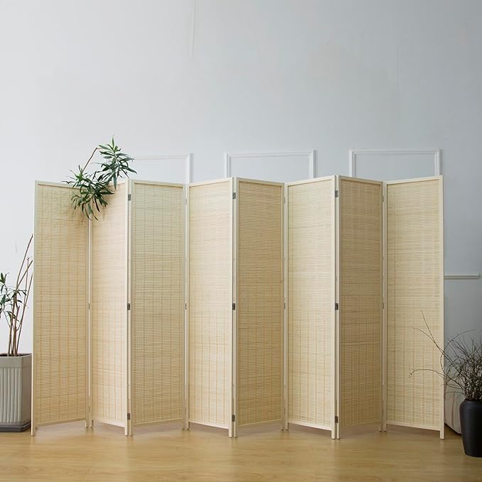 Furnnylane 8 Panel Bamboo Room Divider - 5.6 ft Tall Folding Privacy Screen, Natural Beige Freestanding Partition Wall (67" x 122.8", 8-Panel)