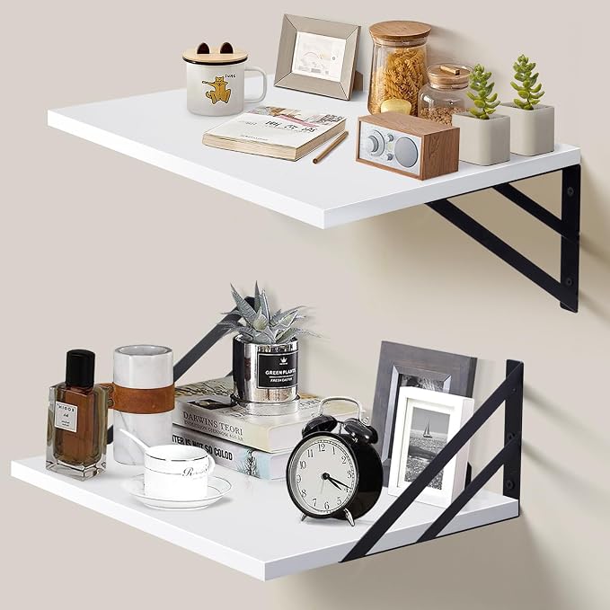 Tectocker-DOU 2 Pc Deep Floating Shelves ; Wall Mounted Hanging Shelves for Living Room, Kitchen, Office, Bathroom and Bedroom Decor; Storage and Display Shelf Set (White, 16W×12D)