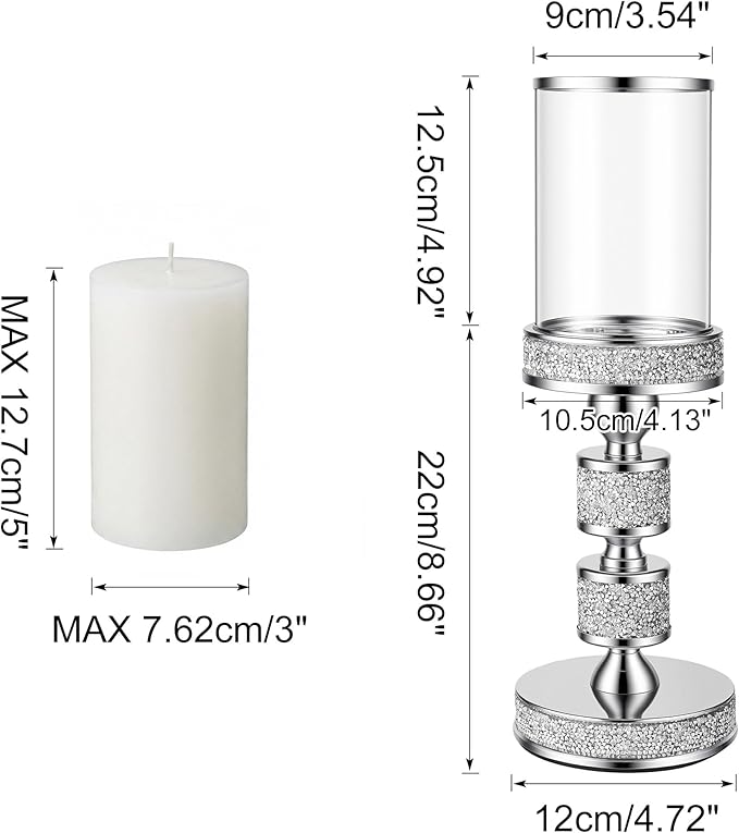 Hurricane Candle Holder, 13.5" Tall Metal Candle Stand, Glass Pillar Candle Holders, Crystal Silver Decorative Centerpieces for Table, Wedding and Dining Room (Fits Candles up to 3"x5", 2pcs, M)