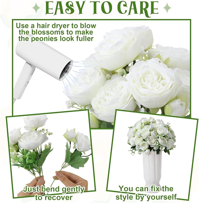 16 Pack White Peonies Artificial Flowers, Fake Silk Hydrangea Bouquet for Bridal Wedding Home Table Decor Reusable Dining Opening Ceremony Birthday Arrangement Faux Floral