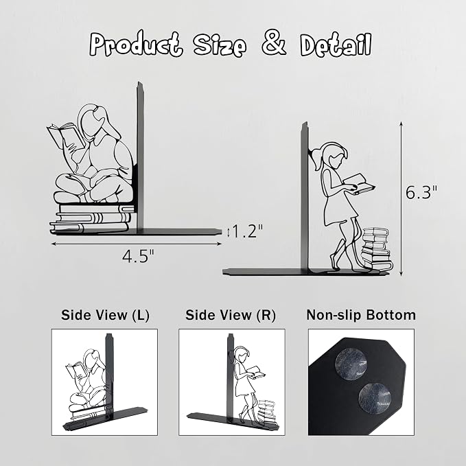 Cute Bookends Decorative, Durable Metal Book Holders with Timeless Appeal, Black, 1 Piece, 6.3x4.5x1.2 inches