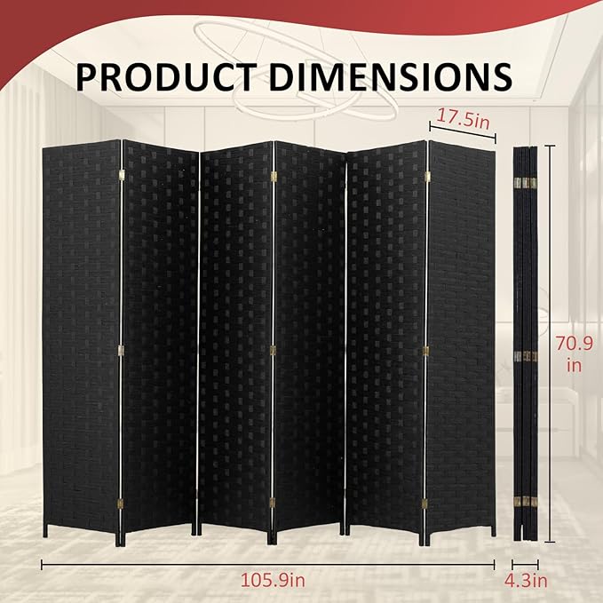 PayLessHere Room Divider 6FT Wood Mesh Hand-Woven Room Divider, 6-Panel Indoor Folding Portable Partition Screen,Black