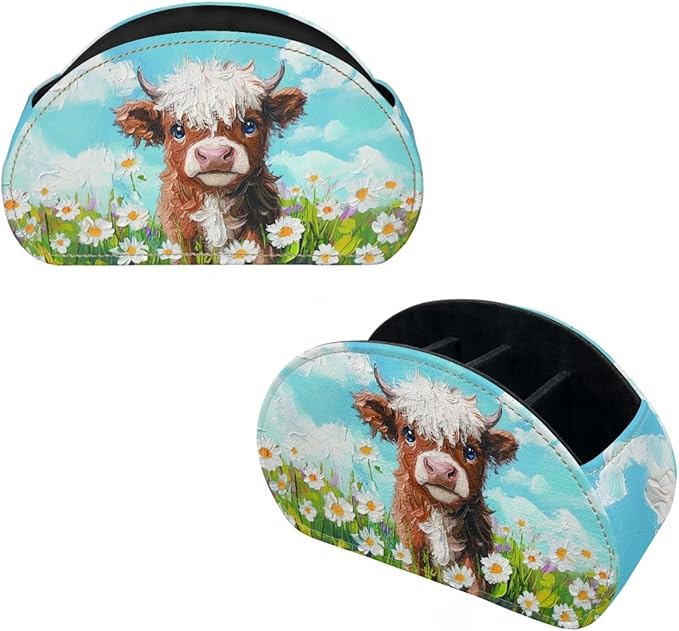 Yak Daisy Oil Painting Print TV Remote Holder with 5 Compartments, Office Desk - Nightstand - Couch Organizers/Bedside Table Accessory, Storage for Pens/Controllers/Media Players