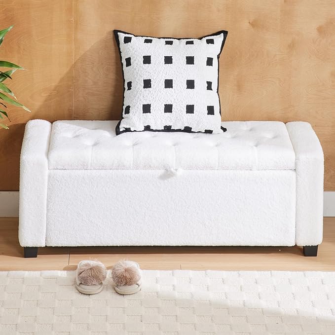 43 Inch Storage Ottoman Bench, Bench for Bedroom End of Bed, Ottoman with Storage for Living Room and Entryway (Teddy White)