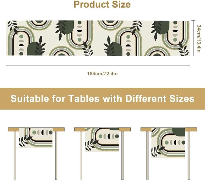 YCness Mid Century Boho Table Runner, Green Abstract Modern Sun Moon Minimalist Plants Table Runner for Bedroom Living Room Kitchen Laundry Room 13x70 Inch