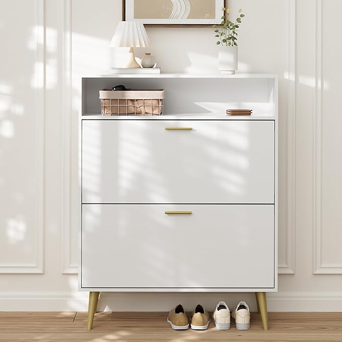 LYNSOM Shoe Cabinet, Free Standing Tipping Bucket Shoe Rack Organizer with 2 Flip Drawers, Modern Entryway Shoe Storage with Top Display, Narrow Slim Hidden Shoe Cabinet (White)