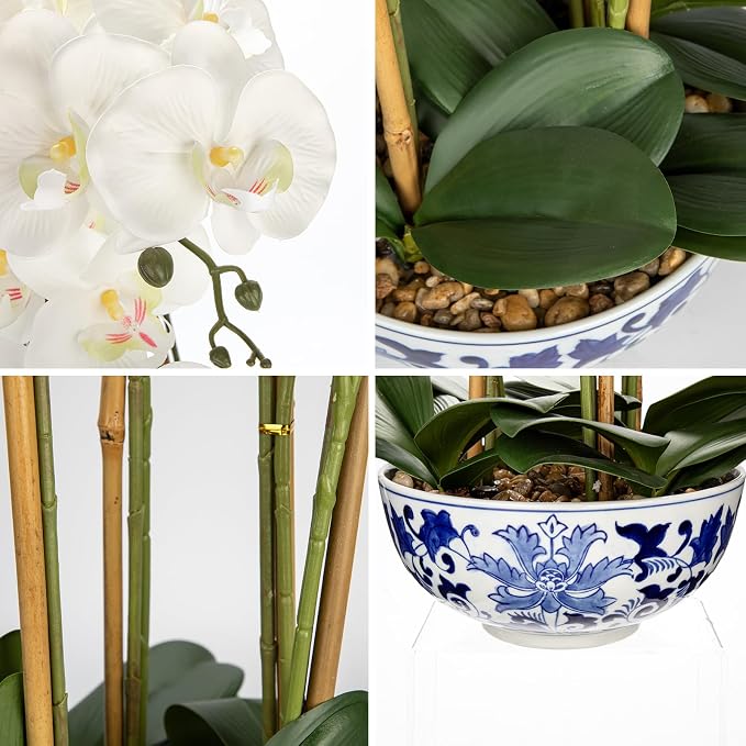 Briful Large Orchid Fake Flower in Blue and White Porcelain Bowl 24.8" White Orchid Silk Floral Arrangement Faux Phalaenopsis Flower for Home Office Room Kitchen Table Centerpiece Decor