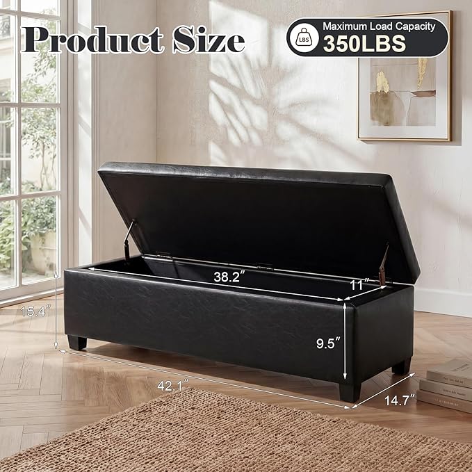 Homebeez 42" Faux Leather Storage Ottoman,End of Bed Bench,Upholstered Ottoman Bench with Storage for Living Room,Bedroom,Entryway