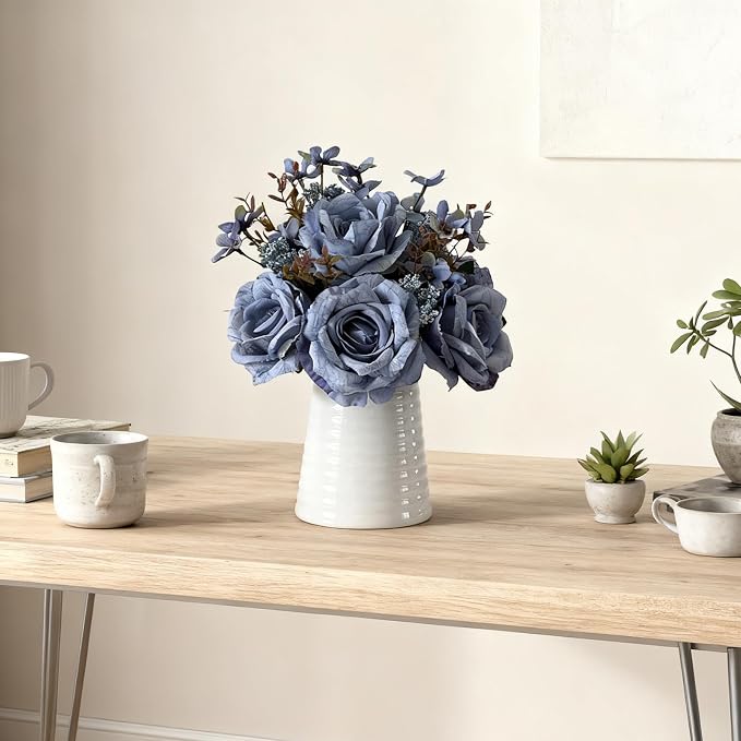 Artificial Blue Rose Arrangement in White Ceramic Vase, Faux Floral Bouquet with Decorative Pattern, Elegant Home Decor Centerpiece