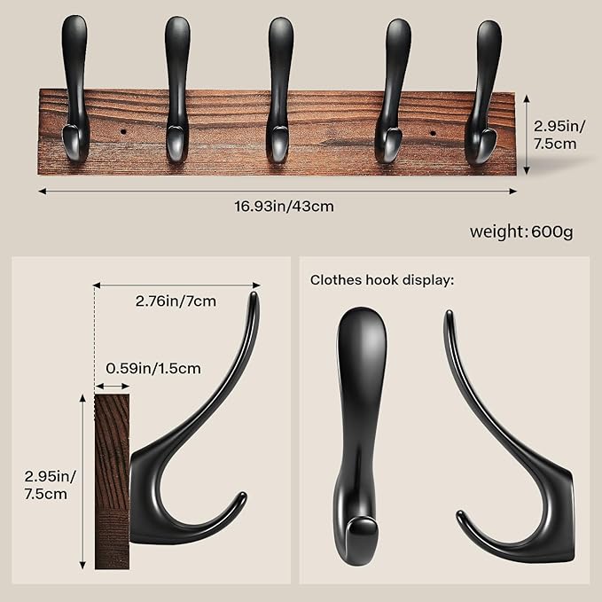 Coat Rack Wall Mount Natural Wood Plank with 5 Black Metal Hooks Hat Rack for Wal,l Hat and Towel Hanger for Hanging Coat, Bag, Key, Purse, Robe, for Entryway, Bedroom, Bathroom, Mudroom.