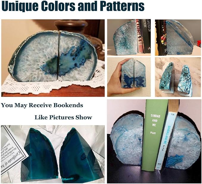 AMOYSTONE Bookends Agate Decorative Book Ends for Shelves Heavy Duty Crystal Stone Bookends Dyed Teal with Rubber Bumpers 1 Pair, 3-4 LBS