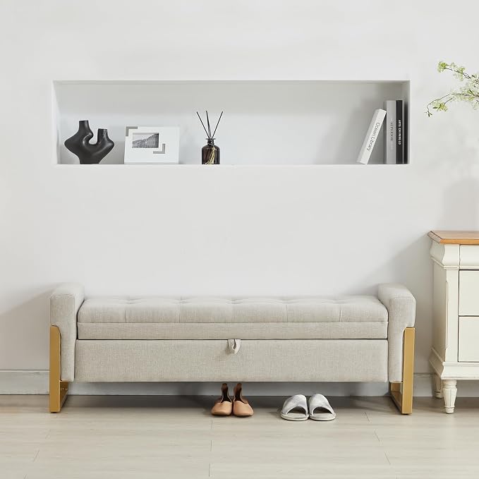 adochr 57" Storage Bench, Linen Upholstered Ottoman with Storage, Large End of Bed Bench with Metal Legs & Button-Tufted,500 lb Capacity, for Living Room, Bedroom, Entryway, Beige
