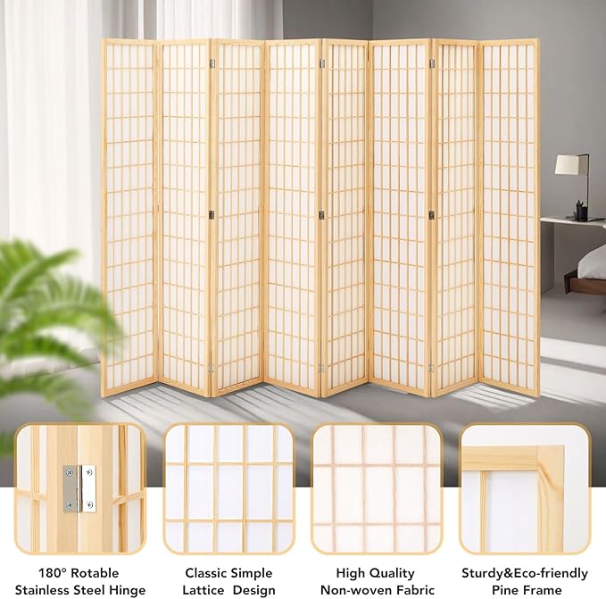 JOSTYLE Room Divider Scree 8 Panel, 6Ft Folding Privacy Screen for Room Separation, Shoji Screen Japanese Style Room Divider Wall, Natural, 70.9" H x 138" W