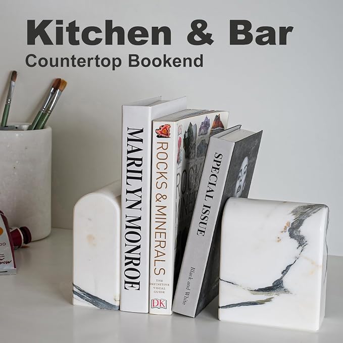 Koville Natural Marble Bookends for Shelves, 13LBS Ultra Heavy Duty Marble Book Holders Organizer, Non-Slip Book Ends, Apartment Decor for Movies/CDs/Video Games