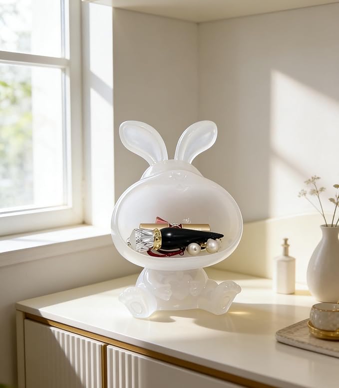 Rabbit Figurine Storage Tray with Color Changing Glow, Decorative Organizer for Jewelry and Small Items, Bedroom Bathroom Entryway Decor