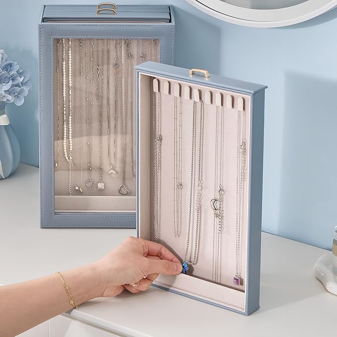 Lolalet Necklace Organizer Box, Jewelry Storage Box with Clear Window for Necklaces Bracelets, Tangle-Free Necklace Display Case for Women Girls, Mothers Day Gift