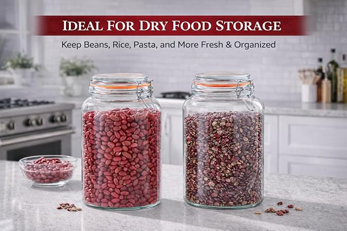 1 Gallon Wide Mouth Glass Jars, Airtight Leakproof Canisters with Lids, Clear Food Storage Containers for Pantry Kitchen, Great for Flour Sugar Rice Dry Goods, Pickling Fermenting, 2 Pack
