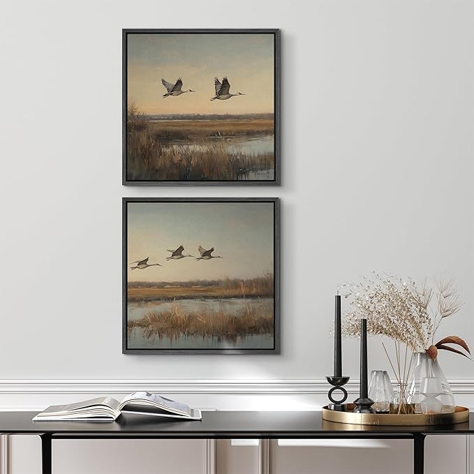 SIGNFORD Framed Canvas Print Wall Art Set Flying Cranes Over Marsh Nature Bird Landscape Illustrations Modern Art Minimal Relax/Calm for Living Room, Bedroom, Office - 16"x16"x2 Black