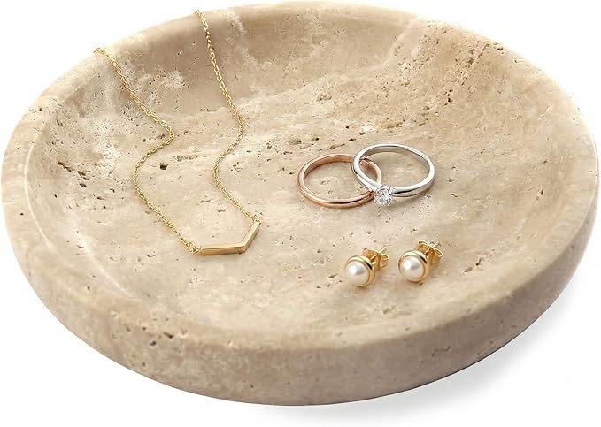 Small Natural Marble Jewelry Tray Key Plate Holder Dish Trinket Decor Catch All Bowl for Ring Earring Stone Gift for Women Daugther,Beige Travertine，5.5"