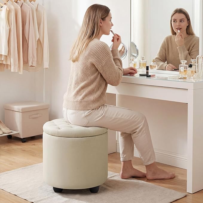 Furniliving Modern Round Storage Ottoman,Button Tufted Ottoman Foot Stools Ottoman Footstool with Removable Lid Storage Ottoman for Living Room, Bedroom, Makeup Room，Beige