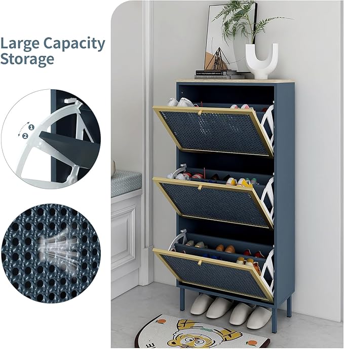 Shoe Storage Cabinet for Entryway - Shoe Cabinet Organizer with Metal Rattan 3 Flip Drawer,Wood Free Standing Rack, Hidden Slim Shoe Cabinet for Hallway, Living Room, Bathroom (Blue)