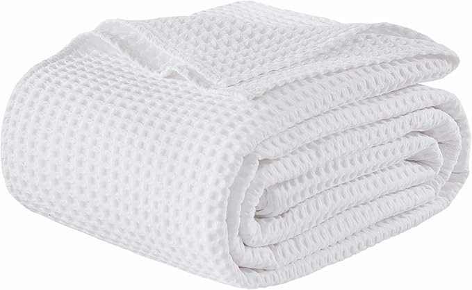 100% Egyptian Cotton Waffle Weave Blanket King Size for Bed, 320 GSM - Breathable and Soft for Spring Summer, Lightweight All Season Bed Blanket for Couch, Sofa (104x90 Inches, White)