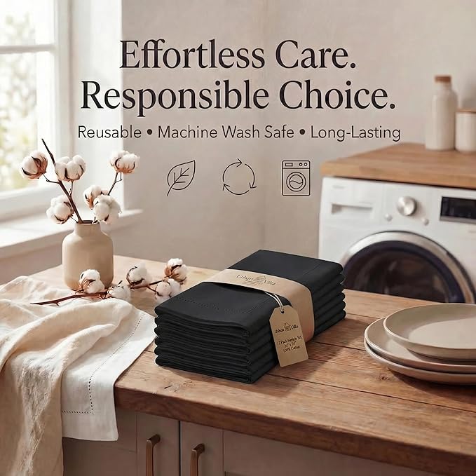 Urban Villa Cloth Napkins 100% Cotton Highly Absorbent Washable Reusable Premium Dinner Napkins Ideal for Gifts for Mothers Day Hotel Farmhouse Parties - Black - Hemstitch (20" x 20", Set of 12)
