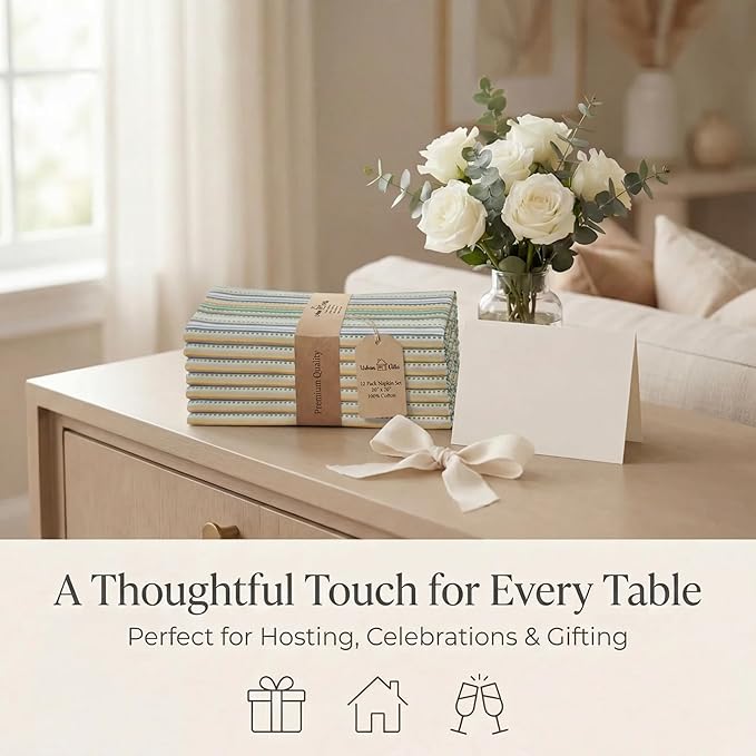 Urban Villa Cloth Napkins 100% Cotton Highly Absorbent Washable Durable Reusable Premium Dinner Napkins Ideal for Gifts for Mothers Day Hotel Farmhouse Parties - Beige Multi (20" x 20", Set of 12)