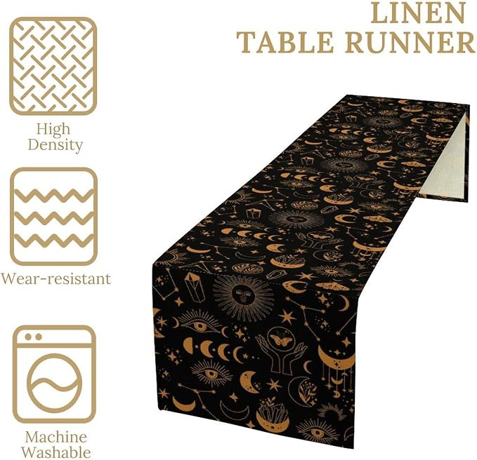 Boho Moon Sun Table Runner, Mystic Witchy Astrology Gold Black Decor Table Runner for Kitchen Dining Party Wedding, 13x70 Inch