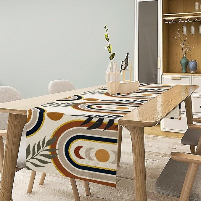 Mid Century Modern Table Runner Sun Tropical Leave Minimalistic Rainbow Boho Decor for Kitchen Party Home Dining Room Table 13x36in