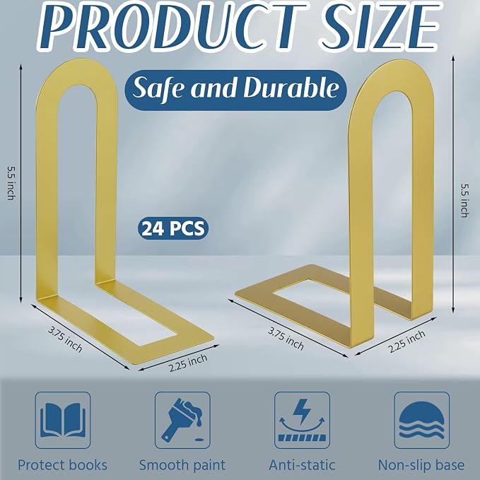 Chunful 24 Pcs Gold Modern Metal Book Ends for Shelves Decorative Small Bookends Book Shelf Organizer Minimalist Design Stopper to Hold Books for Back to School Home Office(5.5 * 3.75 * 2.25 Inch)
