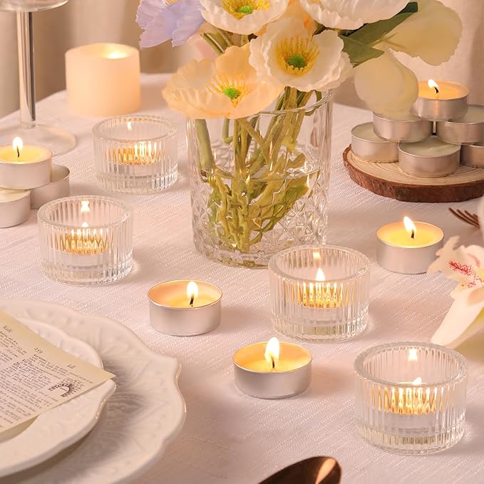 HAVITI 36 Pcs Clear Tealight Candle Holders with 36PCS Tea Lights Candles, Glass Votive Candle Holders Set for Table Centerpiece, Home Decor and Party Supplies