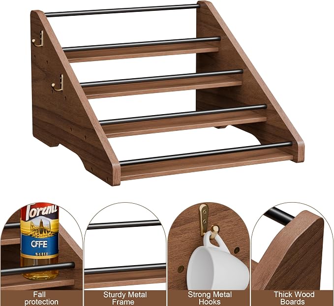 Coffee Syrup Organizer, 4-Tier Solid Wood Syrup Rack, Wine Rack, Storage Organizer for 16 Syrup Bottles/Spice Jars/Liquor Bottles, Sturdy Storage Stand for Coffee Bar