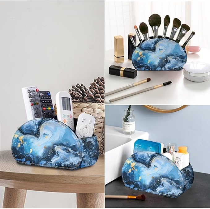 Remote Control Holder with 5 Compartments, Marble Print Office Desk Organizers - TV Stand Decor/Bedside Table Accessory Remote Caddy, Storage for Cosmetic Brushes