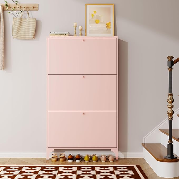 Slim Shoe Cabinet with 3 Flip Drawers,Narrow Shoe Cabinet,Freestanding Organizer,Metal Hidden Shoe Storage for Entryway,Hallway,Living Room (Width 27.56, Pink)