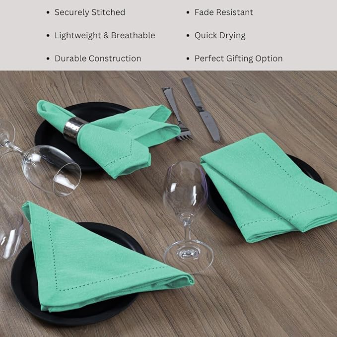 Hemstitch Dinner Napkins 100% Cotton Set of 6 - for Dining Weddings Parties Holidays Easter Everyday Use - Soft Durable Washable Table Napkins - 18x18 Inch Cloth Napkins Turquoise Blue