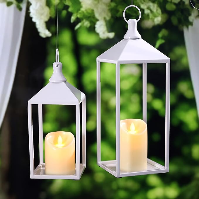 MATAHUM 2pcs Wedding Lanterns Decorative with LED Flameless Candle - White Vintage Farmhouse Metal Decorative Candle Lanterns for Wedding, Fireplace, Table Centerpiece, Indoor, Room, Valentine Decor