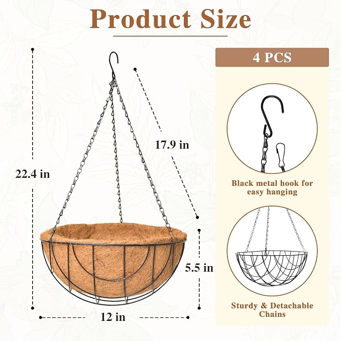 4 Pack Hanging Planter for Outdoor Plants 12 inch Metal Hanging Flower Basket with Coco Coir Liner Round Wire Plant Holder Chain Flower Pots Outdoor Garden Decoration Watering Hanging Baskets（DQ）