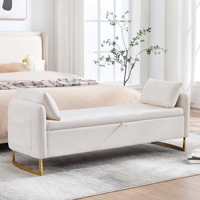 65" Storage Ottoman Bench, Storage Bench for Bedroom, End of Bed Storage Bench with Tufted Upholstered and Gold Legs, Bedroom Benches with Arms Window and Entryway, Chenille Cream
