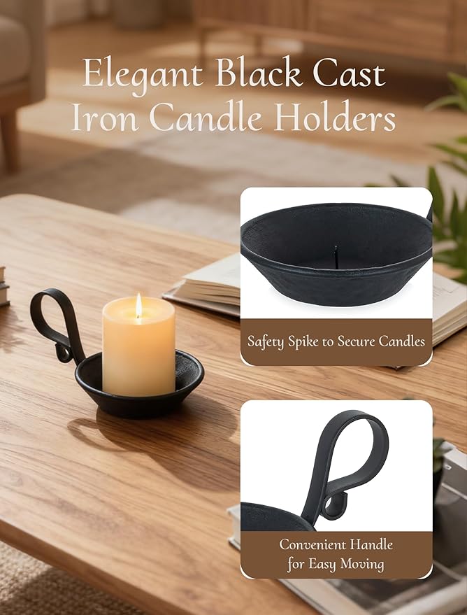 Cast Iron Candle Holder: Matte Black Pillar Candle Plate with Handle and Safety Spike for Pillar/Ball Candles Vintage Decorative Stand for Christmas Halloween Table Home Set of 1