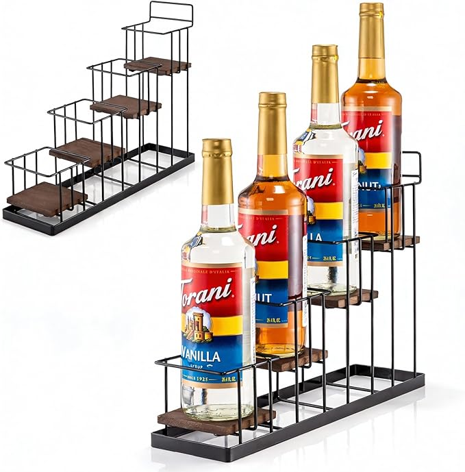 Coffee Syrup Rack Organizer, with Rustic Wood Holder Coffee Station Bar Accessory for Syrup, Wine, Dressing Bottle Countertop Display Storage Stand for Kitchen with Basket and Hooks Holds 4 Bottles