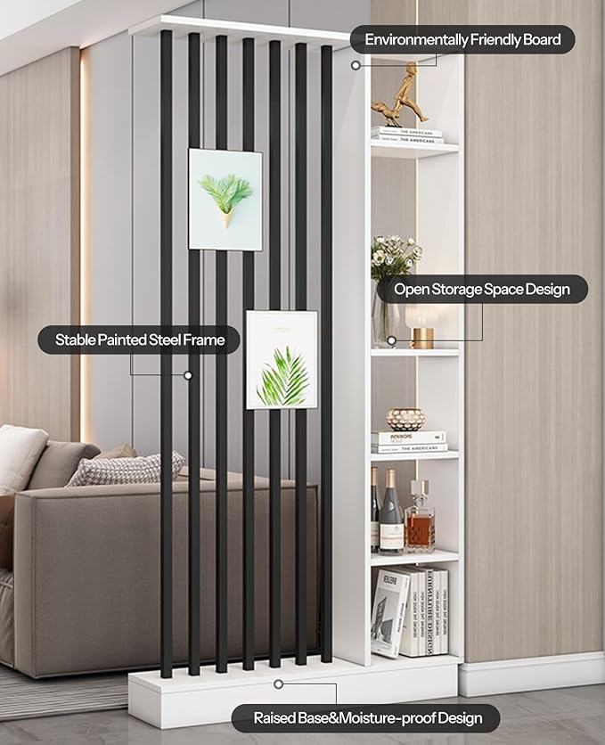 Wall Room Divider, Storage Cabinet Storage Display with Shelves, Modern Freestanding Wood Room Divider Screen, Wall Privacy Screens for Home Decorative (White+Black,39.5" L x 9.5" W x 79.5" H)