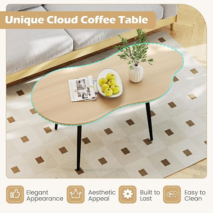 Giantex Small Coffee Table, 39.5" Cloud Center Table with Metal Frame, Unique Irregular Accent Cocktail Tea Table, Modern Wood Coffee Table for Living Room, Small Spaces (Natural)