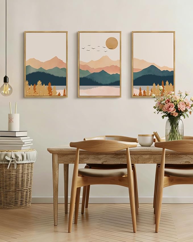 PHOPAGO Mountain Range Landscape Large 16x24in Framed Wall Art Watercolor Nature Laker Paints Boho Sun Rises Rustic Room Decor for Living Room Farmhouse - Natural Framed
