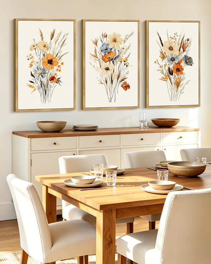 KUVIOKE Vintage Wildflower Bouquet Framed Wall Art Retro Flower Botanical Pictures Illustrations Colorful Floral Hanging Decor 24x36in (Natural Framed)