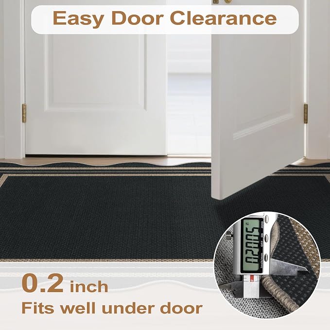 Scalloped Easy Jute Black Rug, 2x4 Front Door Washable Door Mat Non Slip Small Kitchen Area Rug, Farmhouse Low Pile Floor Rugs for Entryway Porch Doorway