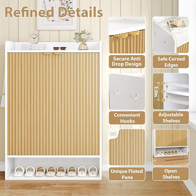 DreamDashio Fluted Shoe Cabinet Storage with Doors, 5-Tier Modern Shoe Storage Cabinet with Side Hooks, Open Shelf & Adjustable Shelves, Tall Shoe Rack Organizer Cabinet for Entryway, Hallway, White