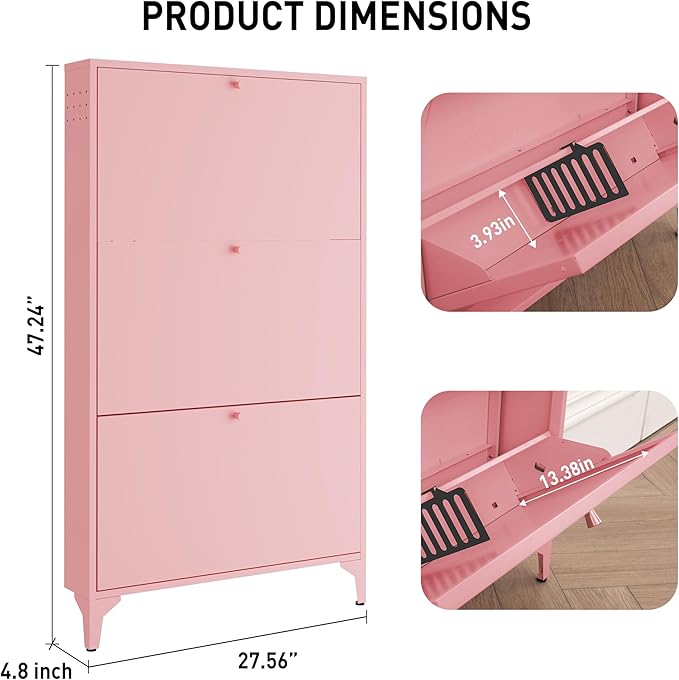 Slim Shoe Cabinet with 3 Flip Drawers,Narrow Shoe Cabinet,Freestanding Organizer,Metal Hidden Shoe Storage for Entryway,Hallway,Living Room (Width 27.56, Pink)
